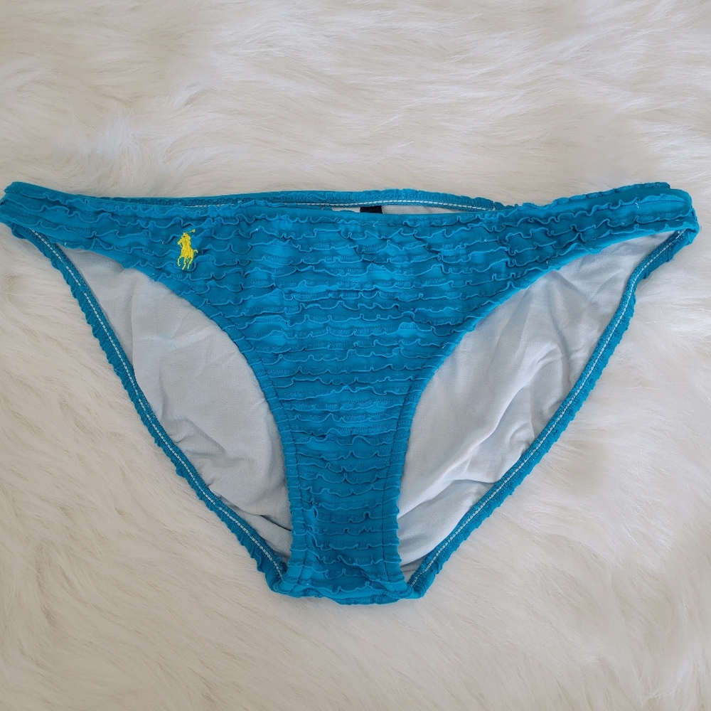 Ralph Lauren Popcorn Ruffle Turquoise Bikini Bottom L NWOT Yellow Polo Logo